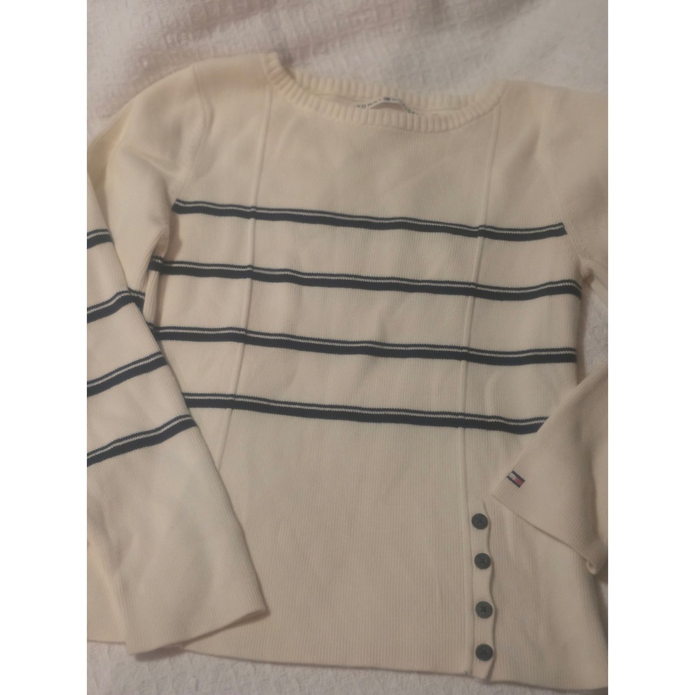 Tommy Hilfiger Womens Cream Navy Striped Ribbed Cotton Boat Neck Sweater Large
